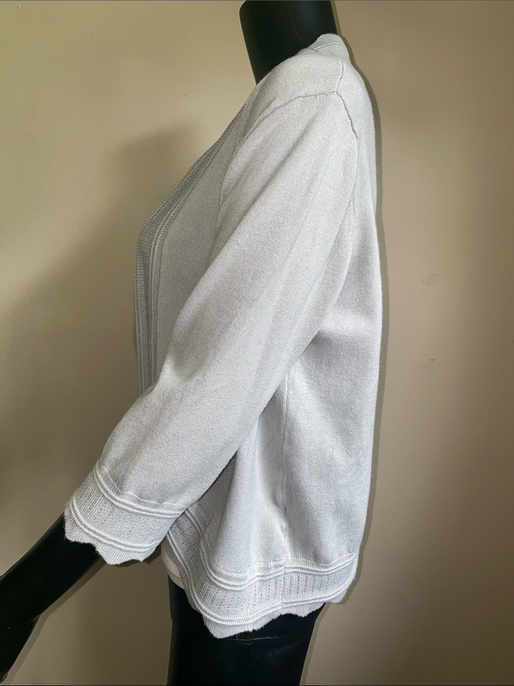 Women's Open-Front Scalloped Trim Cardigan - Light Gray - Picture 5 of 11
